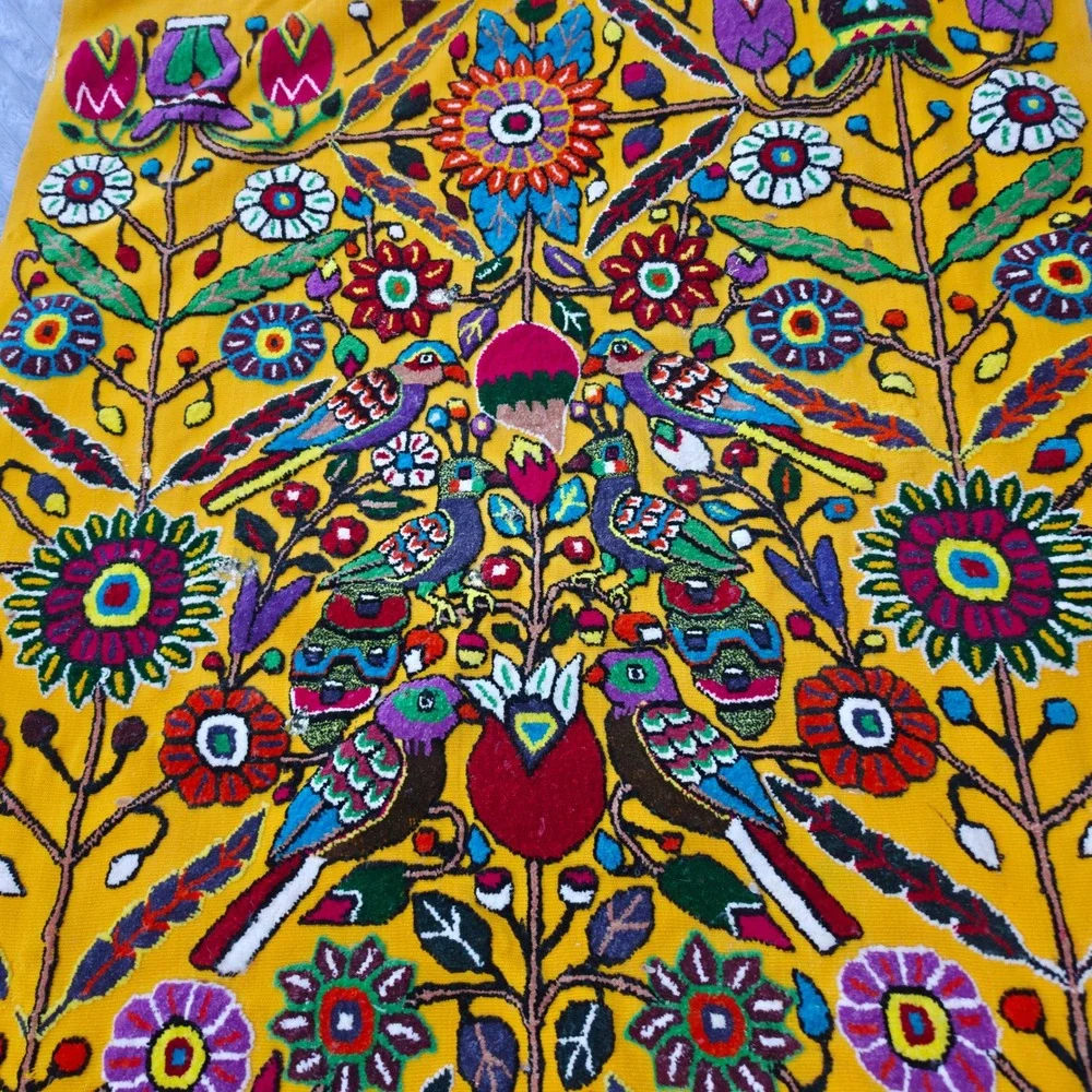 Vintage Mexican Otomi Tenango Hand Embroidered Floral Bird Textile Yellow 43x26